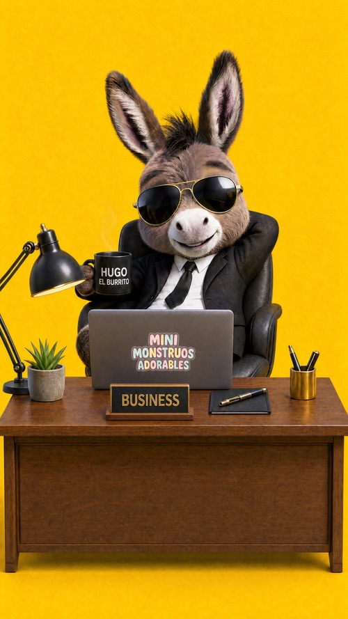 Hugo con traje y gafas de sol, sentado en un escritorio con una computadora portátil.