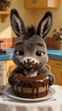 GIF animado de Hugo comiendo feliz un pastel de chocolate.