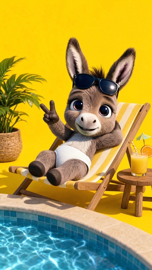Hugo con pañal y gafas de sol, relajado en una tumbona junto a la piscina con una bebida tropical.
