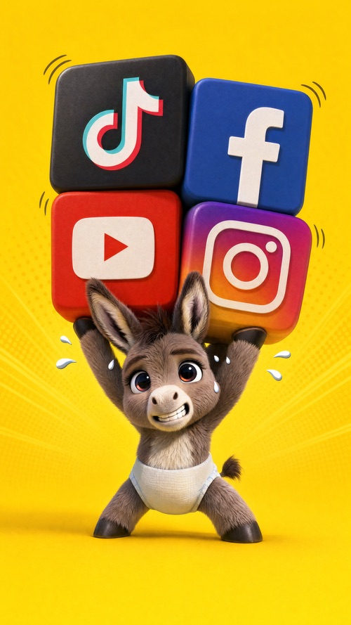 Hugo sosteniendo con alegría los iconos de TikTok, Facebook, YouTube e Instagram.